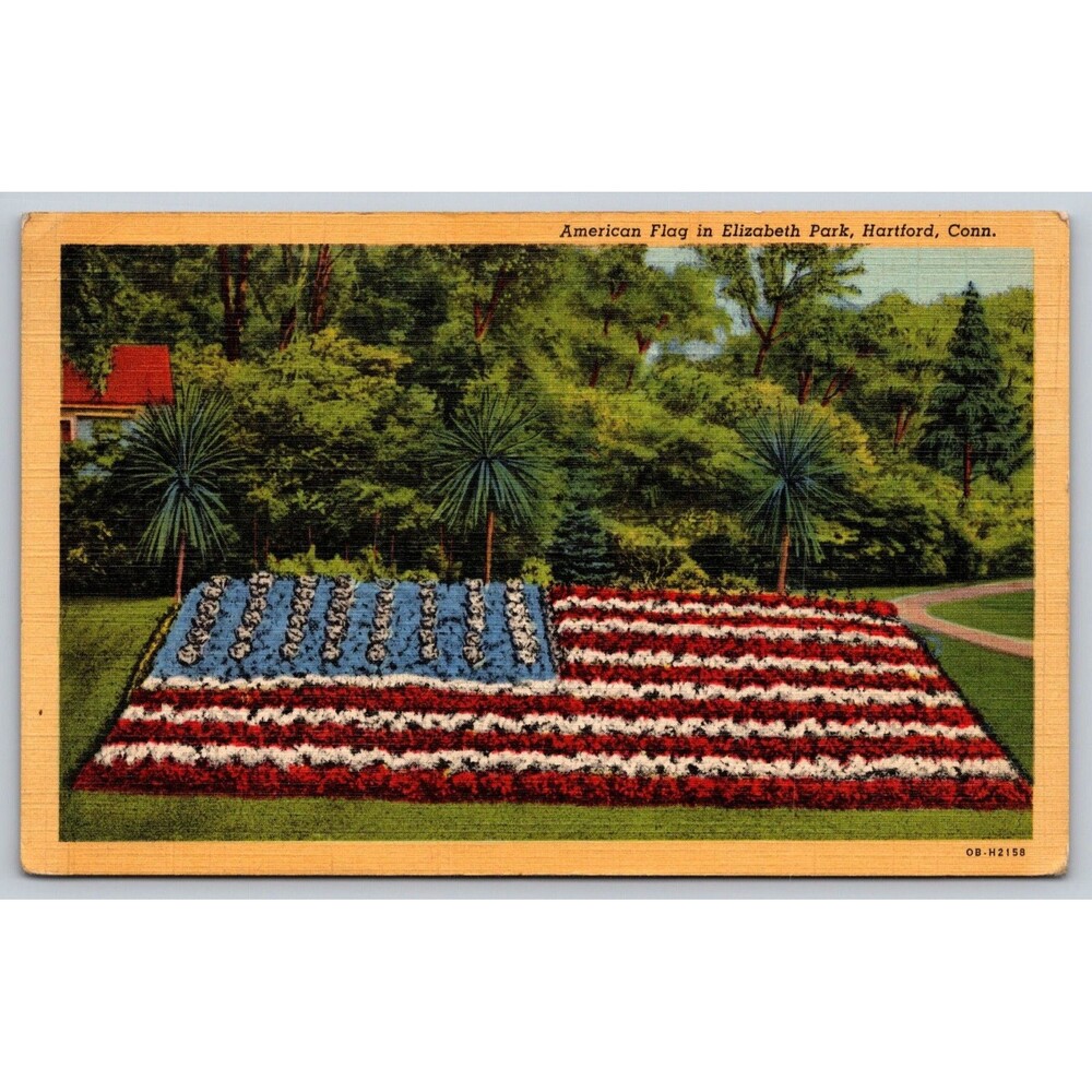 Vintage 1944 Linen Postcard American Flag Flower Bed Elizabeth Park Hartford CT